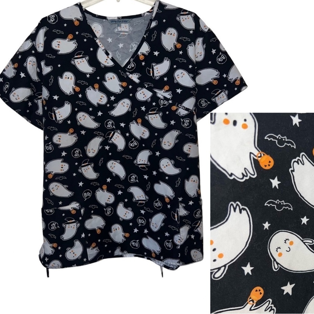 Wear For Care Black Halloween Ghosts Medical Scrub Shirt Size XL